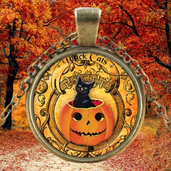 Black Cat / Pumpkin / Fall / Halloween / Pendant Necklace - Picture 6 of 11